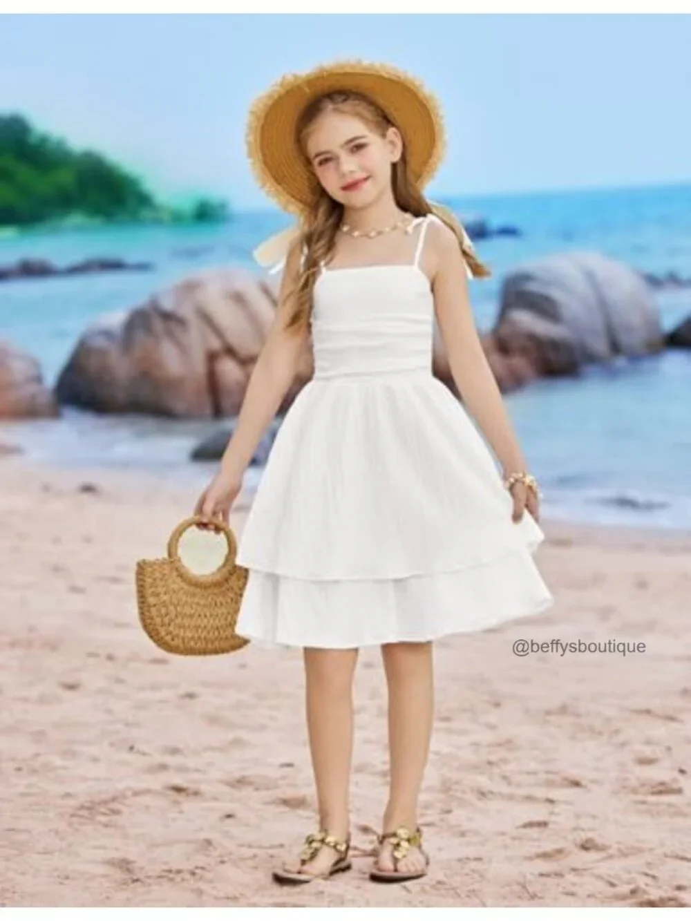 Girls Summer Spaghetti Strap Dress Flowy Ruched Back Sundress